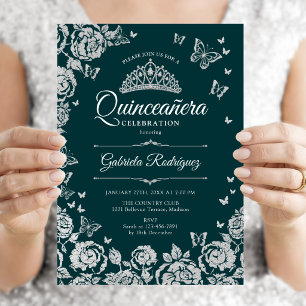 Smaragdgrün Silber Rosen Schmetterlinge Quinceaner Einladung