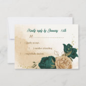 Smaragdgrün und beige goldene Blume RSVP Karte (Vorderseite)