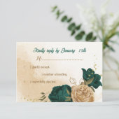 Smaragdgrün und beige goldene Blume RSVP Karte (Stehend Vorderseite)