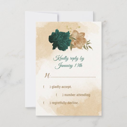 Smaragdgrün und beige goldene Blume RSVP Karte (Vorderseite)