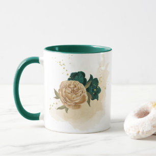 Smaragdgrün und beige goldene Blume Tasse