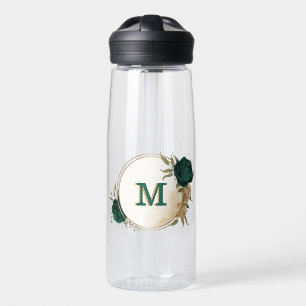 Smaragdgrün und beige goldene Blume Trinkflasche
