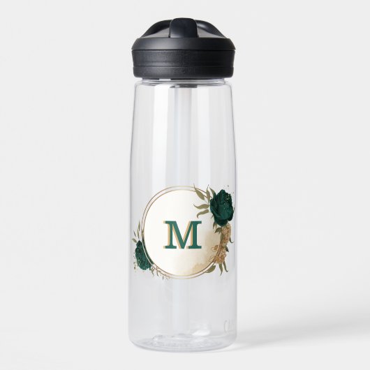Smaragdgrün und beige goldene Blume Trinkflasche (Vorne)