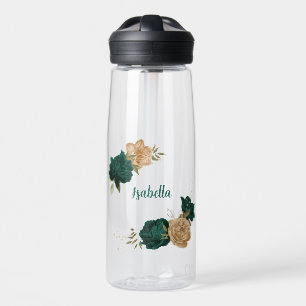 Smaragdgrün und beige goldene Blume Trinkflasche
