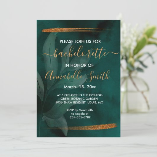 smaragdgrün und Blätter Junggeselle Einladung (Stehend Vorderseite)