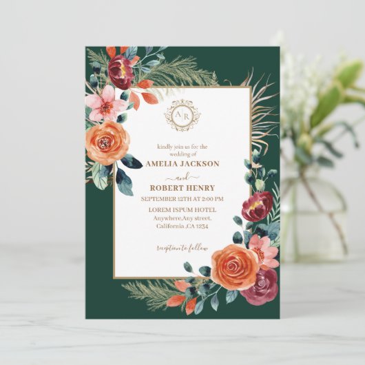 Smaragdgrün und bordeauxfarbene Hochzeit im Herbst Einladung (Stehend Vorderseite)