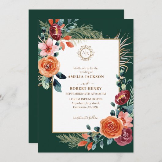 Smaragdgrün und bordeauxfarbene Hochzeit im Herbst Einladung (Vorne/Hinten)
