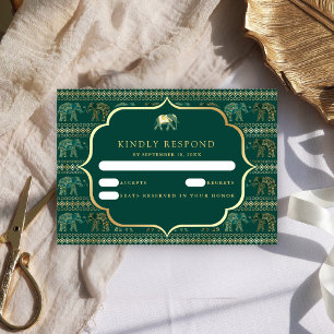 Smaragdgrün und Gold Elefant Indische Hochzeit RSVP Karte