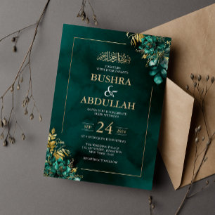 Smaragdgrün und Gold Florale Islamische Hochzeit Einladung