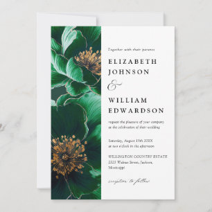 Smaragdgrün und Gold Moderne Florale Foto-Hochzeit Einladung