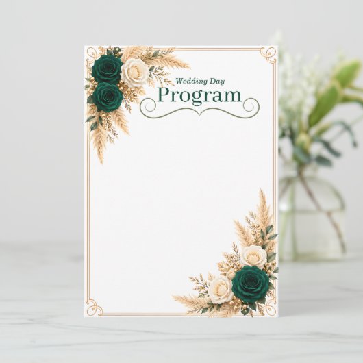 Smaragdgrün und goldene Hochzeitsprogrammvorlage Programm (Stehend Vorderseite)