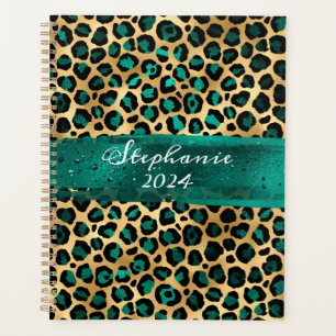 Smaragdgrün und Goldfolie Leopard Pinselstrich Planer