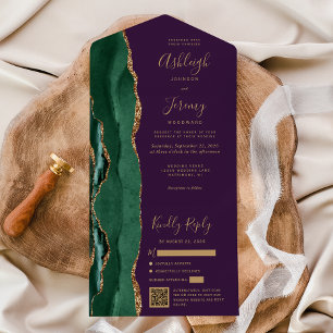 Smaragdgrüne Achat-Gold-Lila QR-Code-Hochzeit All In One Einladung