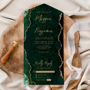 Smaragdgrüne Achat-Gold-Schrift Hochzeit All In One Einladung