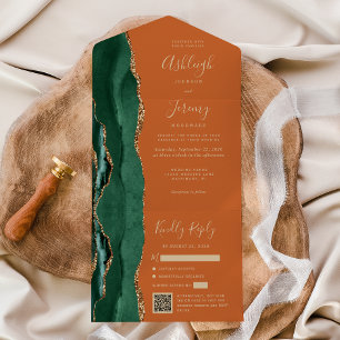 Smaragdgrüne Achat-Orangefarben QR-Code-Hochzeit All In One Einladung