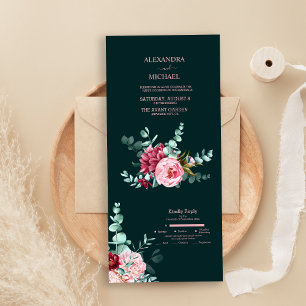 Smaragdgrüne Aquarell-Burgunderrote Blumen Hochzei All In One Einladung
