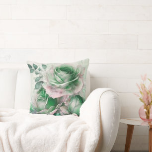 Smaragdgrüne Aquarellrose vergrößert Kissen
