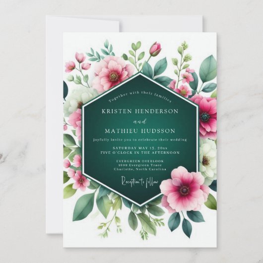 Smaragdgrüne atemberaubende Hochzeit mit floralen Einladung (Vorderseite)