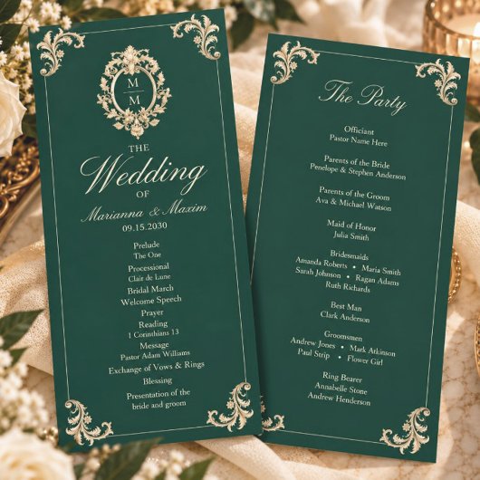 Smaragdgrüne barocke Hochzeitsprogramm