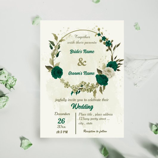 smaragdgrüne beige Blume botanische Hochzeit Einladung