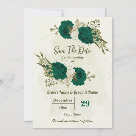 smaragdgrüne beige Blume botanische Hochzeit Save The Date (Vorderseite)