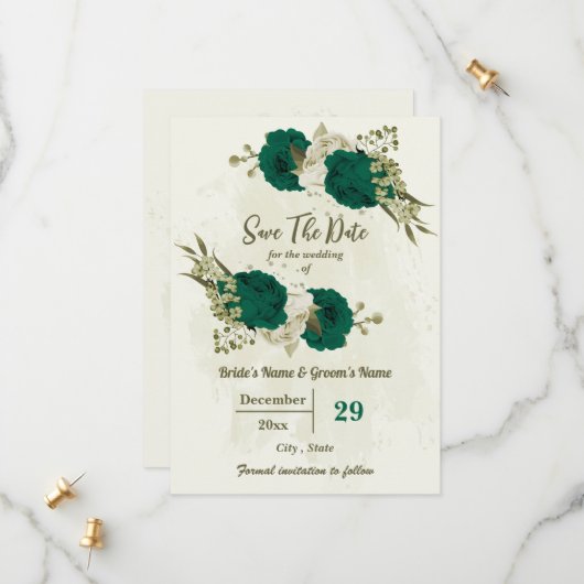 smaragdgrüne beige Blume botanische Hochzeit Save The Date (Vorderseite/Rückseite Beispiel)