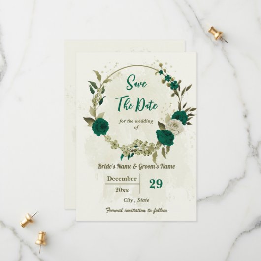 smaragdgrüne beige Blume botanische Hochzeit Save The Date (Vorderseite/Rückseite Beispiel)