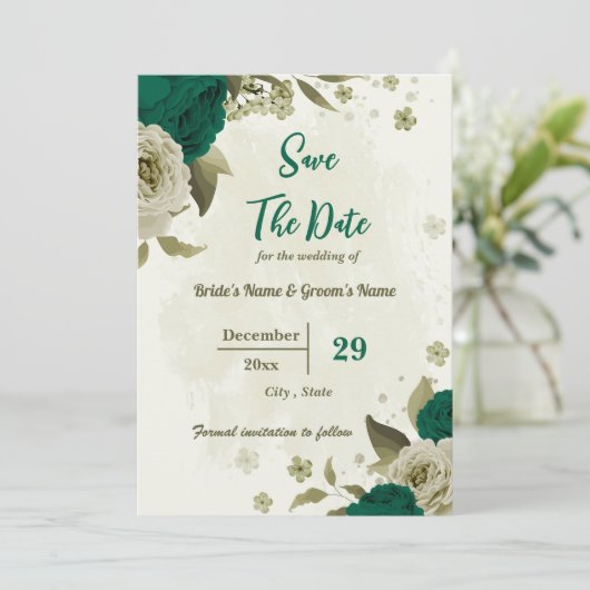 smaragdgrüne beige Blume botanische Hochzeit Save The Date (Stehend Vorderseite)