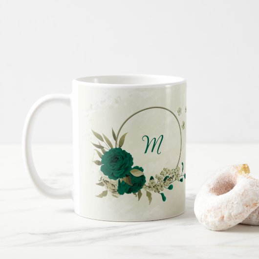 smaragdgrüne beige Blume Kaffeetasse (Mit Donut)