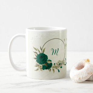 smaragdgrüne beige Blumen  Kaffeetasse