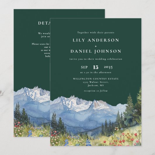 Smaragdgrüne Bergblumen-QR-Code-Hochzeit Einladung (Vorne/Hinten)