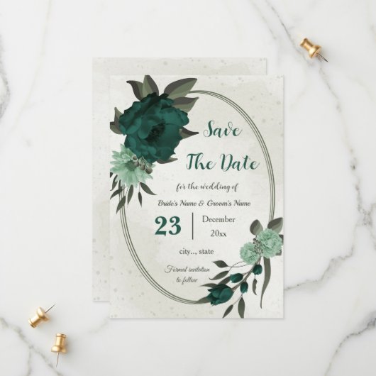 smaragdgrüne Blume botanisch Save The Date (Vorderseite/Rückseite Beispiel)