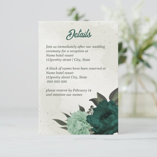 smaragdgrüne Blume botanische Hochzeit Begleitkarte (Stehend Vorderseite)