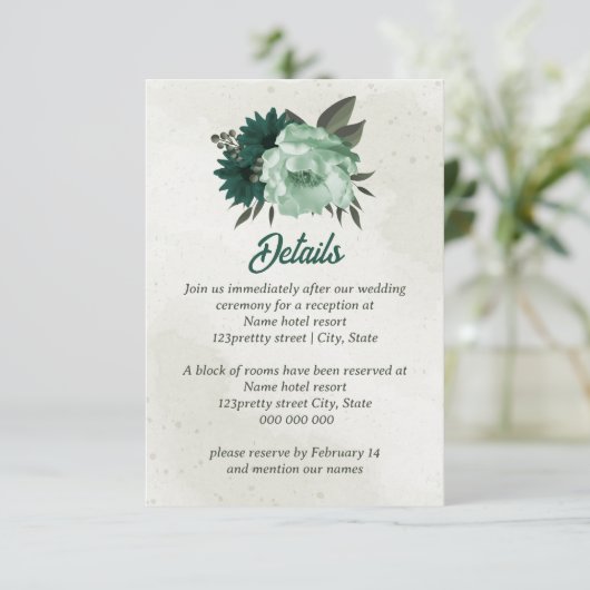 smaragdgrüne Blume botanische Hochzeit Begleitkarte (Stehend Vorderseite)