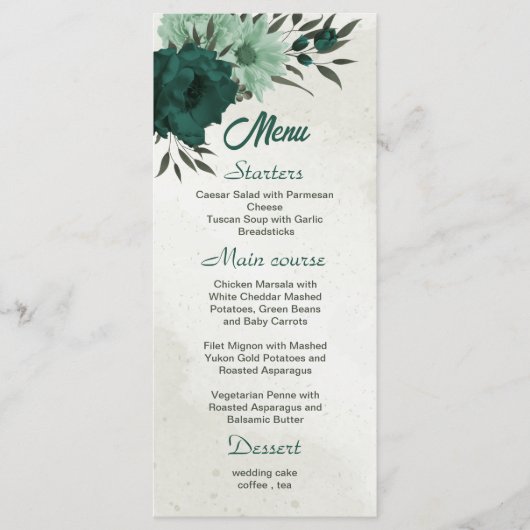 smaragdgrüne Blume botanische Hochzeit Menükarte (Vorderseite)