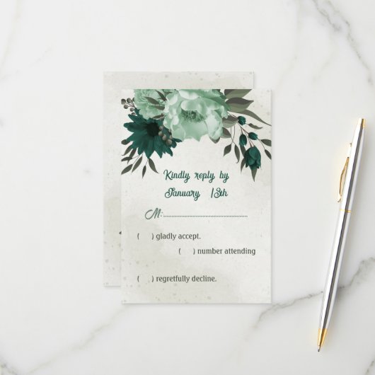 smaragdgrüne Blume botanische Hochzeit RSVP Karte (Vorderseite/Rückseite Beispiel)