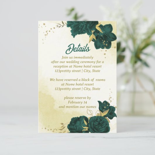 Smaragdgrüne Blume Gold-Blätter Begleitkarte (Stehend Vorderseite)