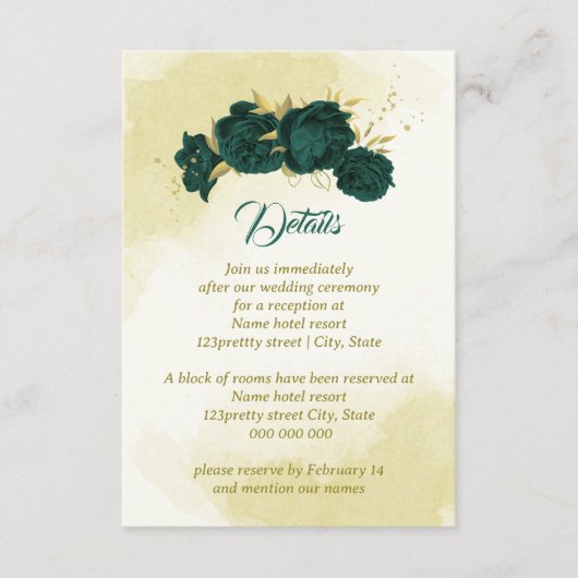 Smaragdgrüne Blume Gold-Blätter Begleitkarte (Vorderseite)