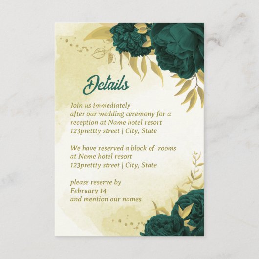 Smaragdgrüne Blume Gold-Blätter Begleitkarte (Vorderseite)