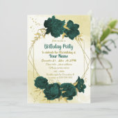 Smaragdgrüne Blume Gold Blätter Geburtstag Einladung (Stehend Vorderseite)