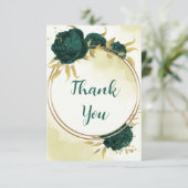 Smaragdgrüne Blume Gold Blätter Hochzeit Dankeskarte (Stehend Vorderseite)