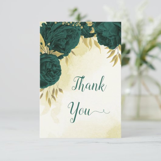 Smaragdgrüne Blume Gold Blätter Hochzeit Dankeskarte (Stehend Vorderseite)