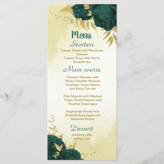 Smaragdgrüne Blume Gold Blätter Hochzeit Menükarte (Vorderseite)
