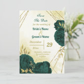 Smaragdgrüne Blume Gold-Blätter Save The Date (Stehend Vorderseite)