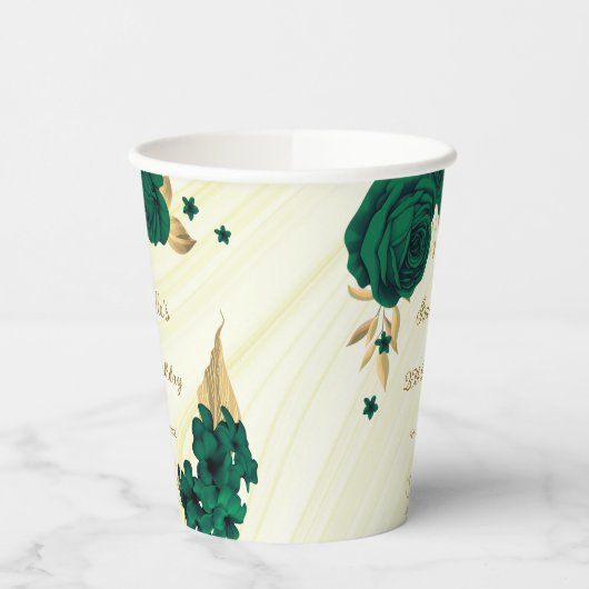 smaragdgrüne Blume goldene Blätter Marmor Pappbecher (Links)