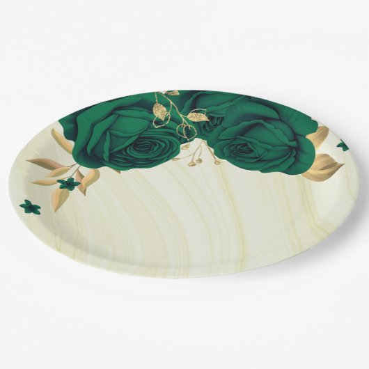 smaragdgrüne Blume goldene Blätter Marmor Pappteller (Schrägansicht)