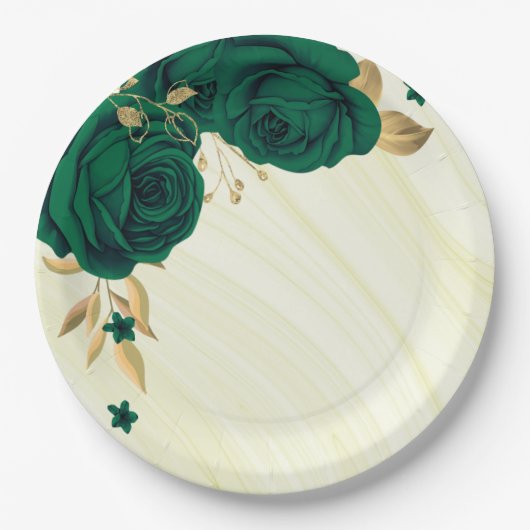 smaragdgrüne Blume goldene Blätter Marmor Pappteller (Vorderseite)