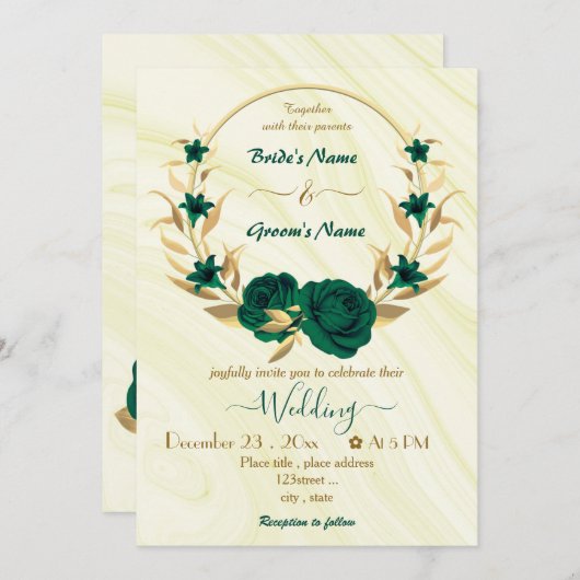 Smaragdgrüne Blume Goldkranz Einladung (Vorne/Hinten)