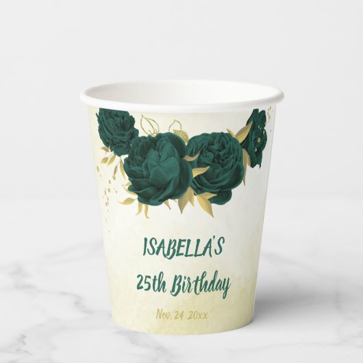 smaragdgrüne Blume und goldene Blätter Pappbecher (Rückseite)