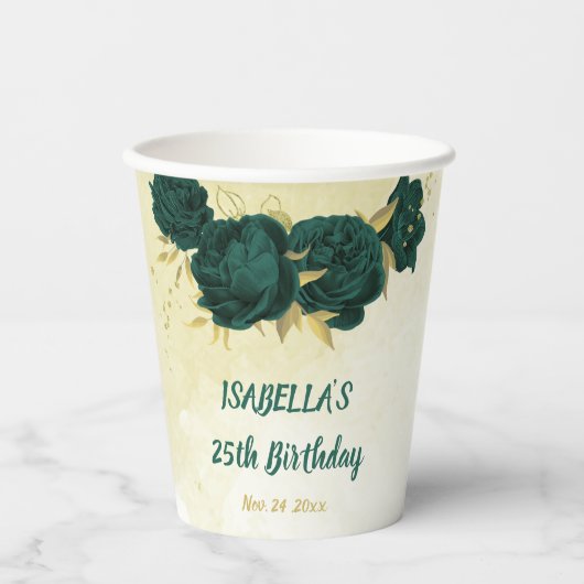 smaragdgrüne Blume und goldene Blätter Pappbecher (Vorderseite)